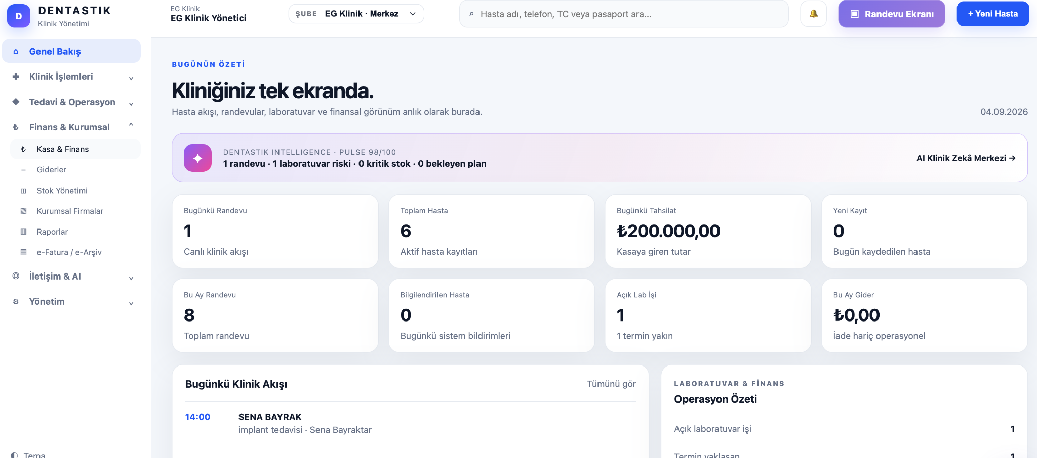 Dentastik klinik yönetim dashboard ekranı